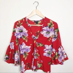 Topshop Red Floral Print Blouse sz 2